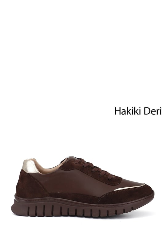 Women's Brown Elastic Lace-up Genuine Leather Sneaker