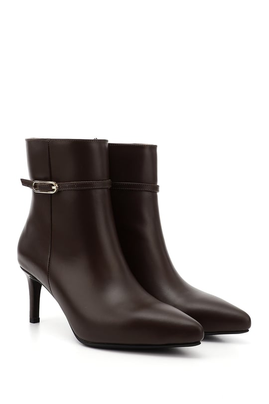 Women's Brown Zip-Up High-Heeled Genuine Leather Boots