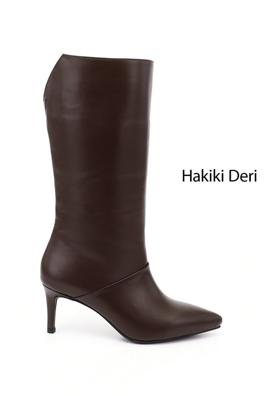 Women's Brown Platinum Zippered High-Heeled Genuine Leather Boots