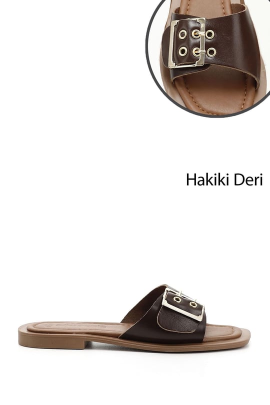 Kadın Kahverengi Tokalı Tek Bantlı Hakiki Deri Terlik