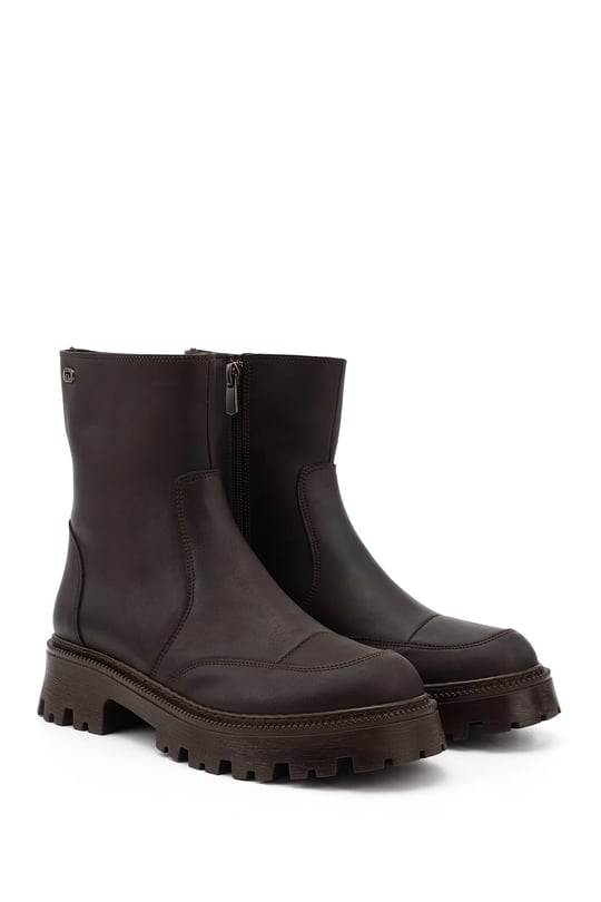 Women's Brown Round Toe Zip-Up Boots