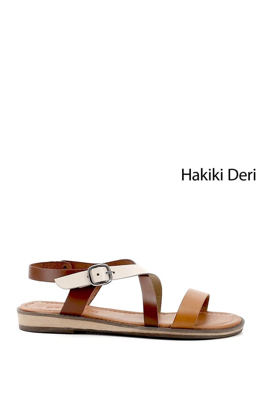 Kadın Kahveye Bej Taba Hakiki Deri Sandalet