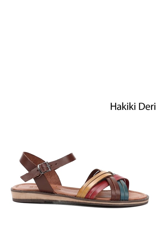 Kadın Kahveye Kırmızı Sarı Çapraz Bantlı Hakiki Deri Sandalet