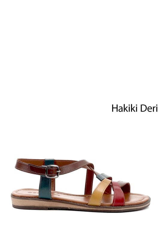 Kadın Kahveye Kırmızı Sarı Hakiki Deri Sandalet