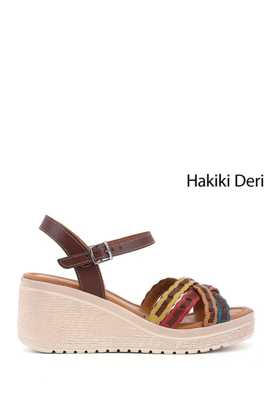 Kadın Kahveye Sarı Bilek Bağlı Dolgu Topuk Hakiki Deri Sandalet