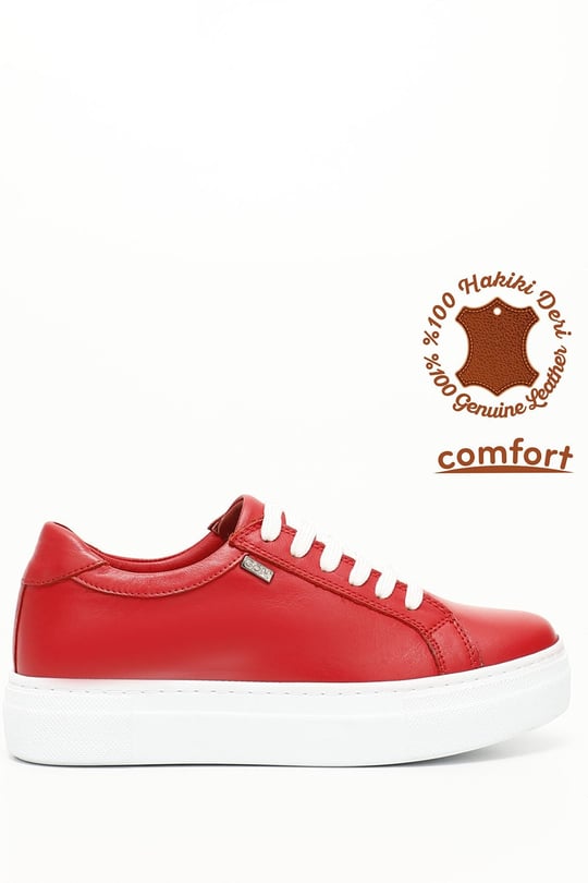 Kadın Kırmızı Antik Bağcıklı Dolgu Taban Hakiki Deri Sneaker