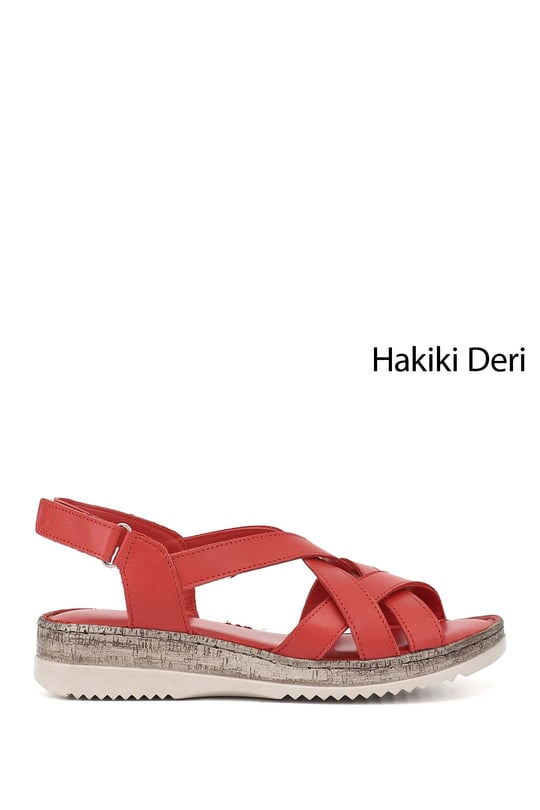 Kadın Kırmızı Antik Cırt Bantlı Dolgu Topuk Hakiki Deri Sandalet