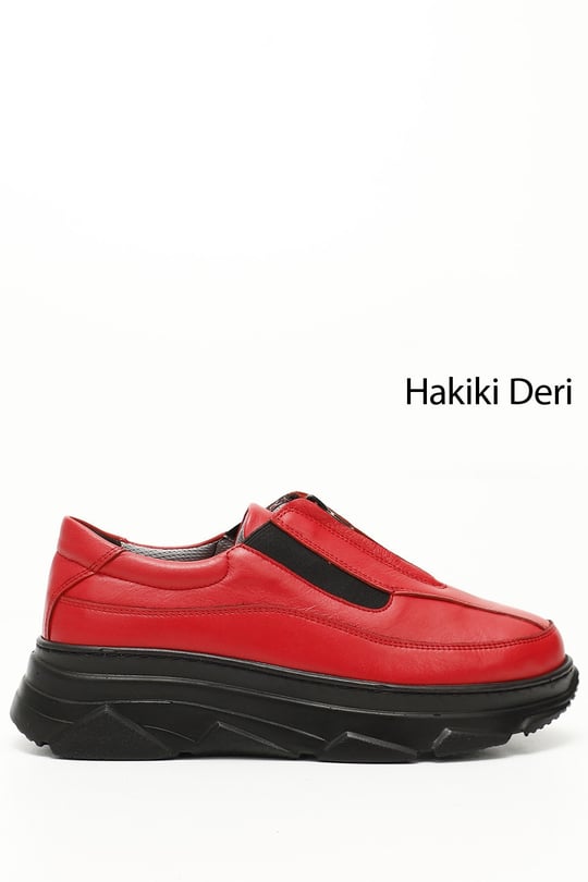 Kadın Kırmızı Antik Fermuarlı Dolgu Taban Hakiki Deri Sneaker