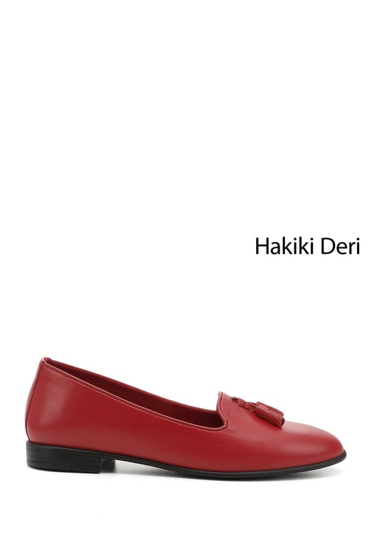 Kadın Kırmızı Antik Hakiki Deri Püsküllü Babet