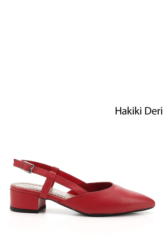 Kadın Kırmızı Antik Kalın Topuklu Arkası Açık Hakiki Deri Ayakkabı