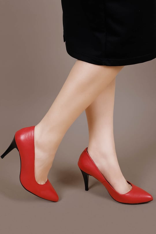Kadın Kırmızı Antik Sivri Burun İnce Topuklu Hakiki Deri Stiletto