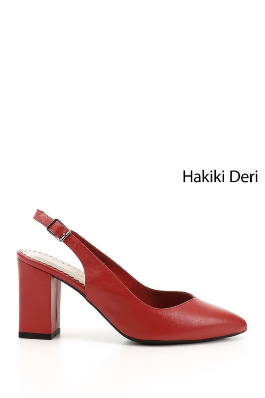 Kadın Kırmızı Antik Yüksek Kalın Topuklu Arkası Açık Hakiki Deri Ayakkabı