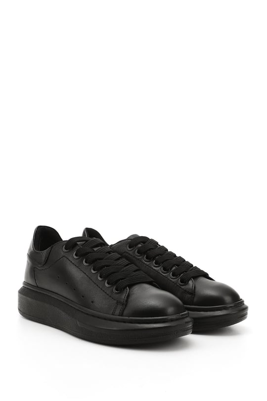 Kadın Kömür Bağcıklı Dolgu Taban Hakiki Deri Sneaker