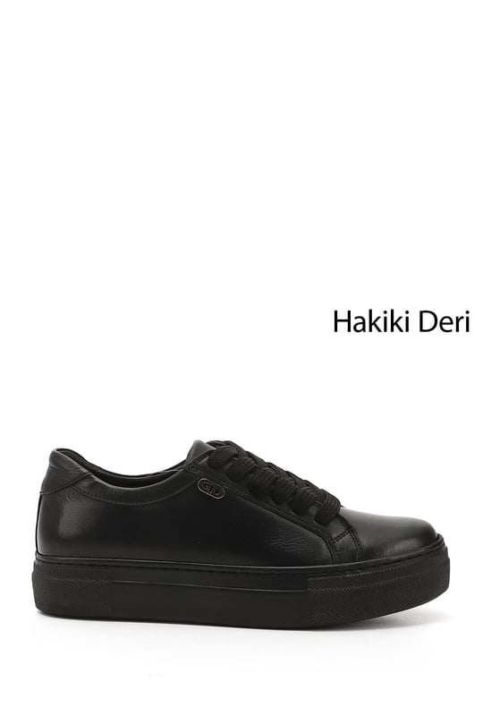 Kadın Kömür Bağcıklı Dolgu Taban Hakiki Deri Sneaker