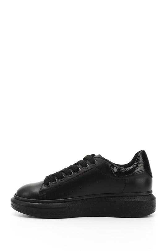 Kadın Kömür Bağcıklı Dolgu Taban Hakiki Deri Sneaker