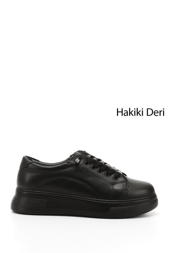 Kadın Kömür Lastik Bağcıklı Comfort Dolgu Taban Hakiki Deri Sneaker
