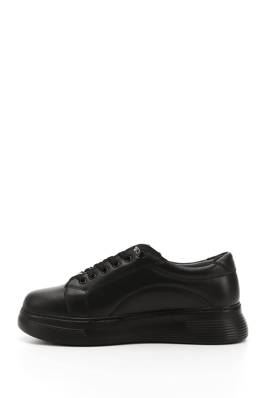 Kadın Kömür Lastik Bağcıklı Comfort Dolgu Taban Hakiki Deri Sneaker