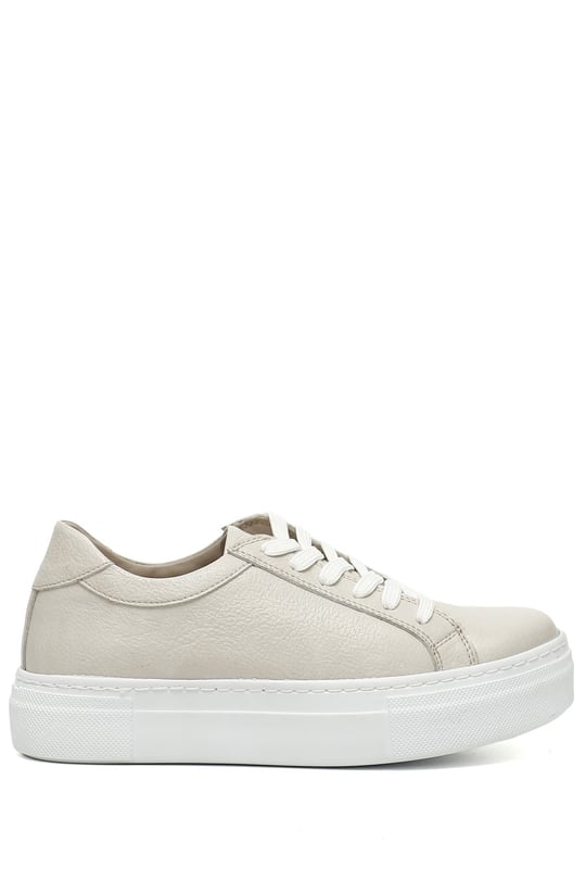 Kadın Koyu Bej Bağcıklı Dolgu Taban Hakiki Deri Sneaker