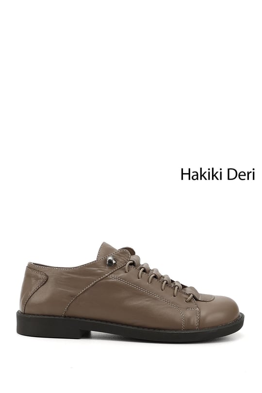 Kadın Koyu Vizon Bağcıklı Kauçuk Taban Hakiki Deri Ayakkabı