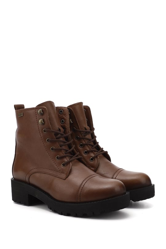 Gon Genuine Leather Round Toe Rubber Sole Heeled Zipper Laced Women's Daily Boots  46461