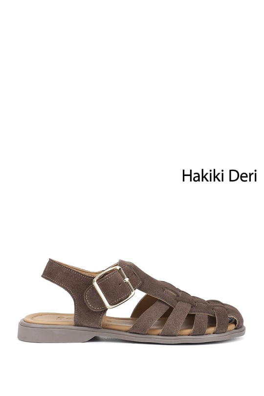 Kadın Koyu Vizon Süet Tokalı Bantlı Burnu Kapalı Hakiki Deri Sandalet