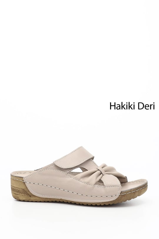 Kadın Krem Cırtlı Dolgu Taban Hakiki Deri Terlik