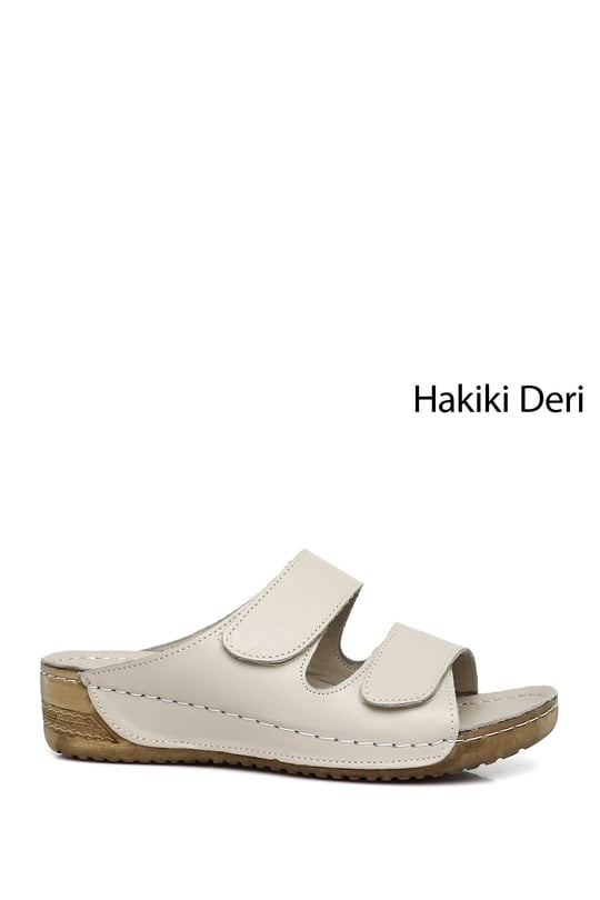 Kadın Krem Cırtlı Dolgu Taban Hakiki Deri Terlik