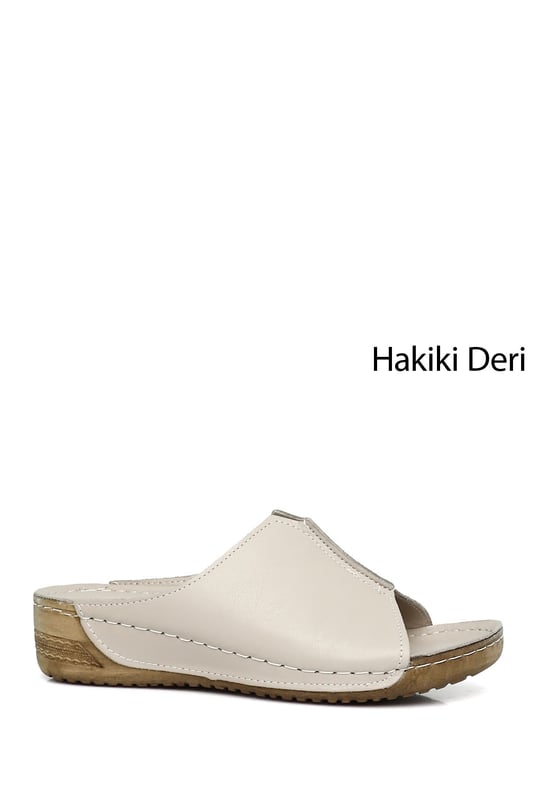 Kadın Krem Dolgu Taban Hakiki Deri Terlik