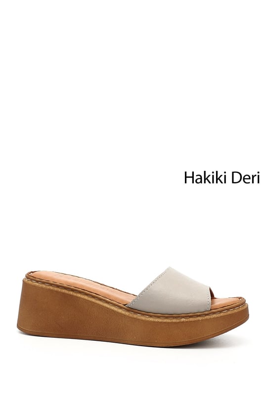 Kadın Krem Dolgu Taban Hakiki Deri Terlik