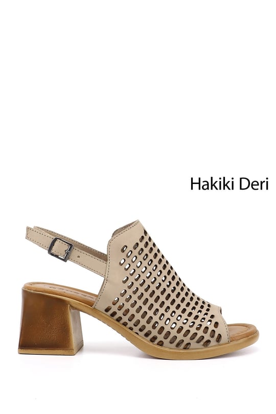 Kadın Krem Kalın Topuklu Hakiki Deri Sandalet