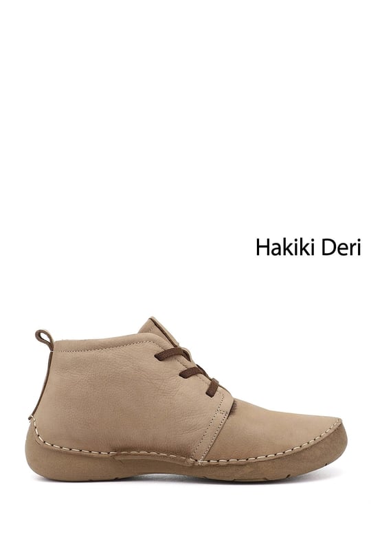 Kadın Krem Nubuk Bağcıklı Hakiki Deri Comfort Bot