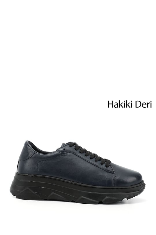 Kadın Lacivert Antik Bağcıklı Dolgu Taban Hakiki Deri Sneaker