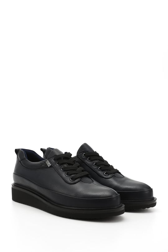 Women's Navy Blue Antique Lace-Up Wedge Sole Genuine Leather Shoes