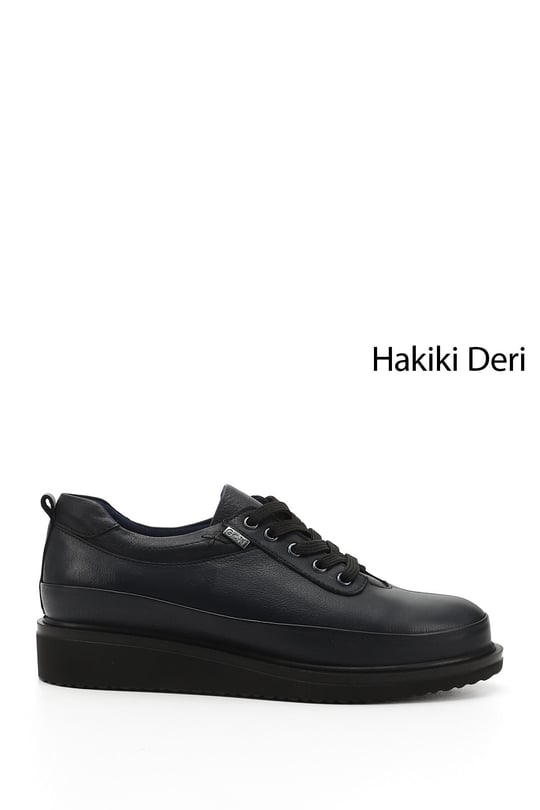 Women's Navy Blue Antique Lace-Up Wedge Sole Genuine Leather Shoes