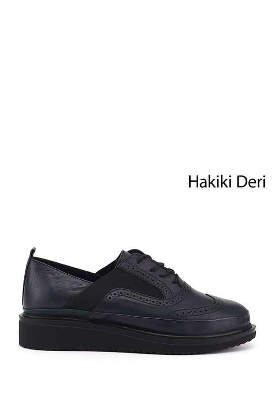 Kadın Lacivert Antik Bağcıklı Dolgu Taban Hakiki Deri Ayakkabı