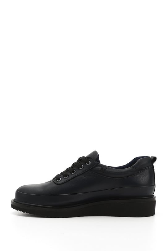 Women's Navy Blue Antique Lace-Up Wedge Sole Genuine Leather Shoes