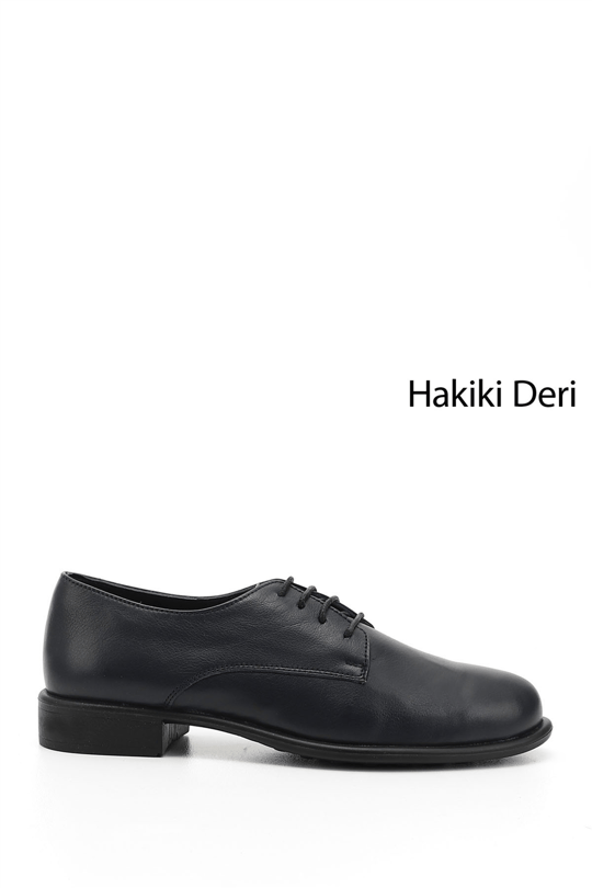 Women's Navy Blue Antique Lace-Up Genuine Leather Oxford Shoes