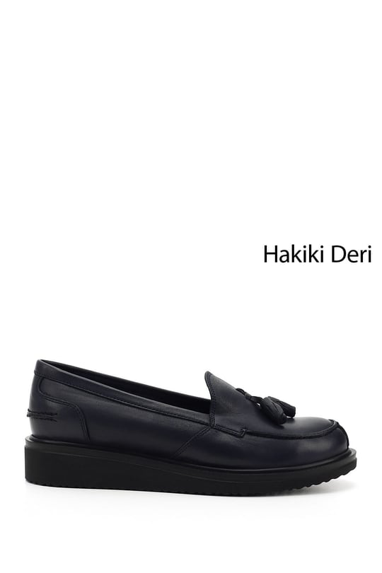 Kadın Lacivert Antik Dolgu Taban Hakiki Deri Loafer Ayakkabı