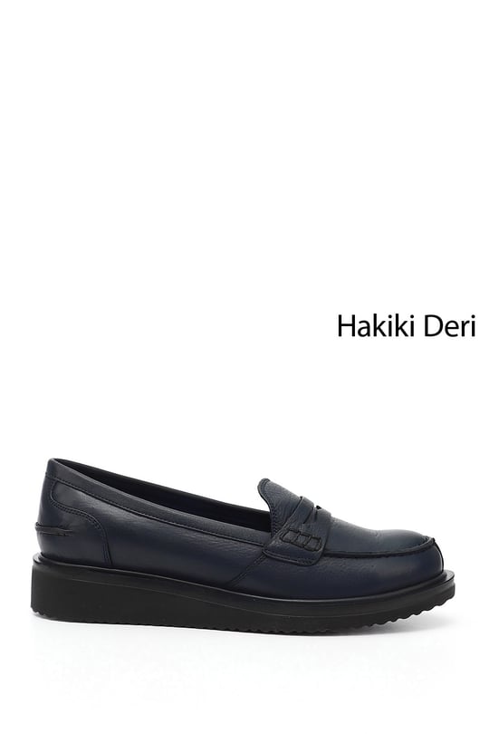 Women's Navy Blue Antique Wedge Sole Genuine Leather Loafer Shoes
