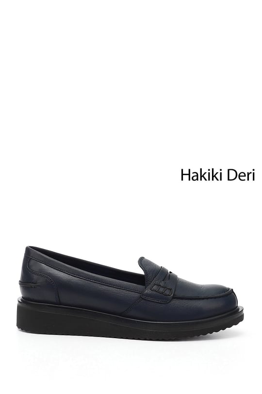 Kadın Lacivert Antik Dolgu Taban Hakiki Deri Loafer Ayakkabı