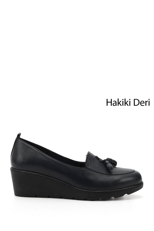 Kadın Lacivert Antik Dolgu Taban Püsküllü Hakiki Deri Ayakkabı