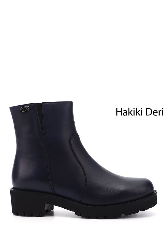 Kadın Lacivert Antik Fermuarlı Kalın Topuklu Hakiki Deri Bot