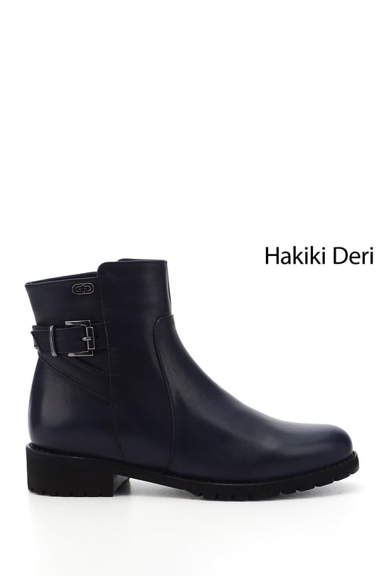 Kadın Lacivert Antik Fermuarlı Kauçuk Taban Hakiki Deri Bot