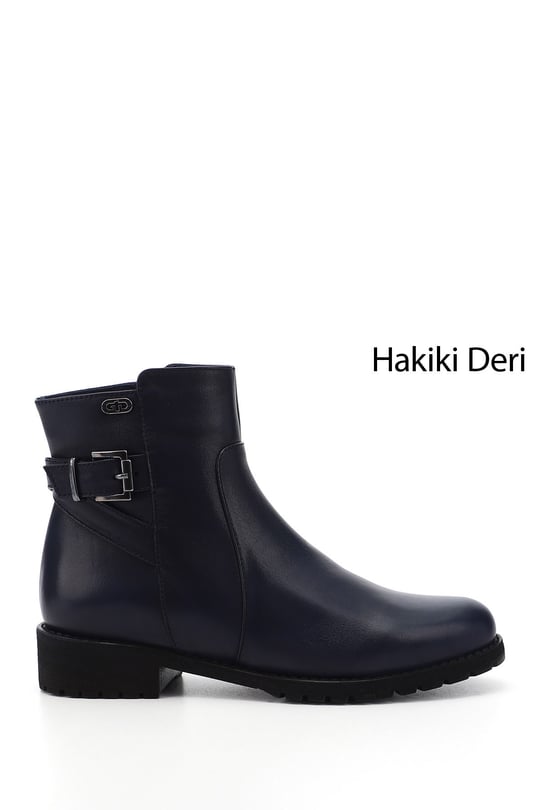 Kadın Lacivert Antik Fermuarlı Kauçuk Taban Hakiki Deri Bot