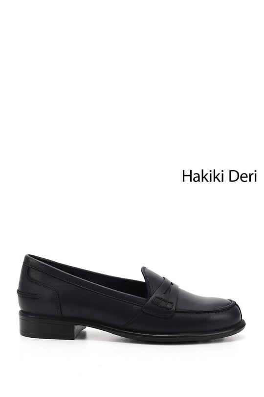 Kadın Lacivert Antik Hakiki Deri Loafer Ayakkabı
