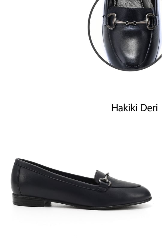 Kadın Lacivert Antik Hakiki Deri Tokalı Babet