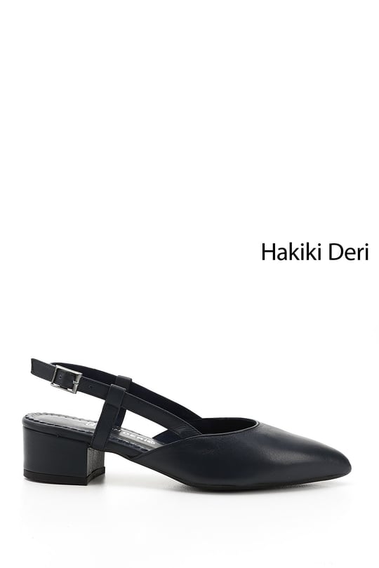 Kadın Lacivert Antik Kalın Topuklu Arkası Açık Hakiki Deri Ayakkabı