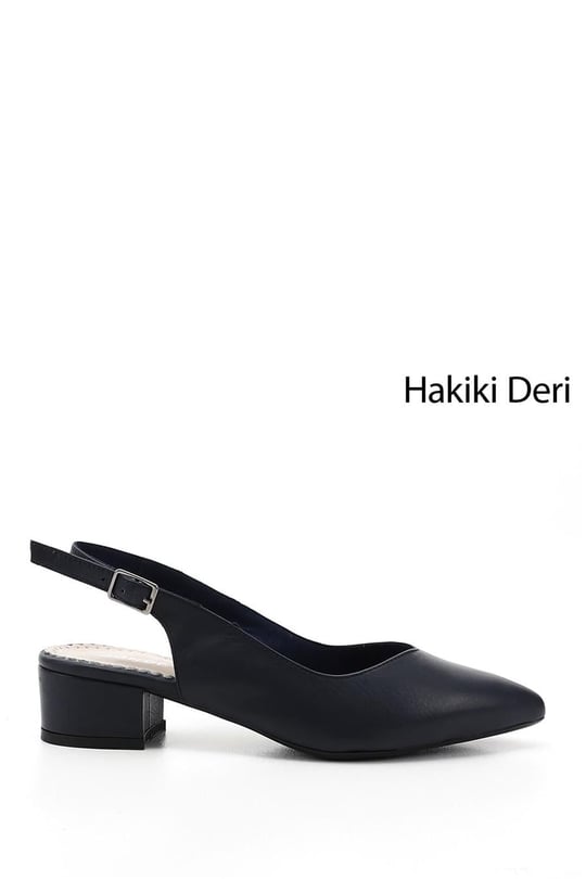 Kadın Lacivert Antik Kalın Topuklu Arkası Açık Hakiki Deri Ayakkabı