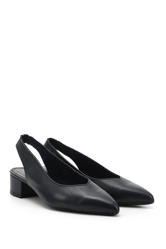 Women's Navy Blue Antique Thick Heeled Open Back Genuine Leather Shoes