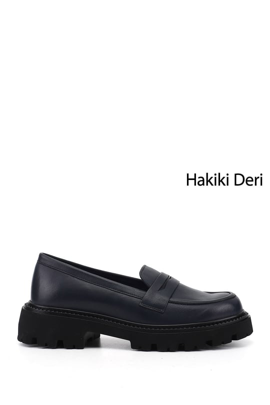 Kadın Lacivert Antik Kalın Topuklu Hakiki Deri Loafer Ayakkabı